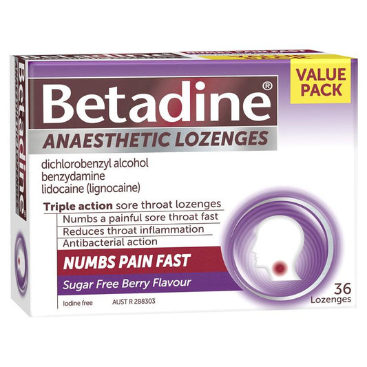 Betadine Anaesthetic Lozenges Berry Flavour 36 Pack - Sore Throat Lozenges - Cutprice Online