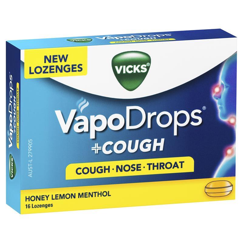 Vicks VapoDrops + Cough Honey Lemon Menthol 16 Lozenges - Cutprice Online