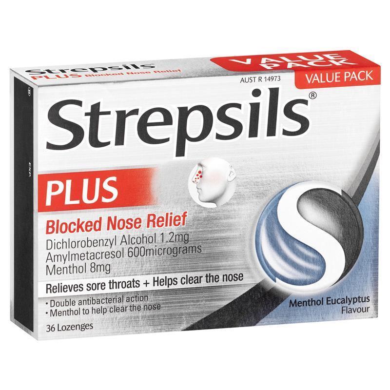 Strepsils Plus Blocked Nose Relief Throat Lozenges Menthol Eucalyptus 36PK - Cutprice Online