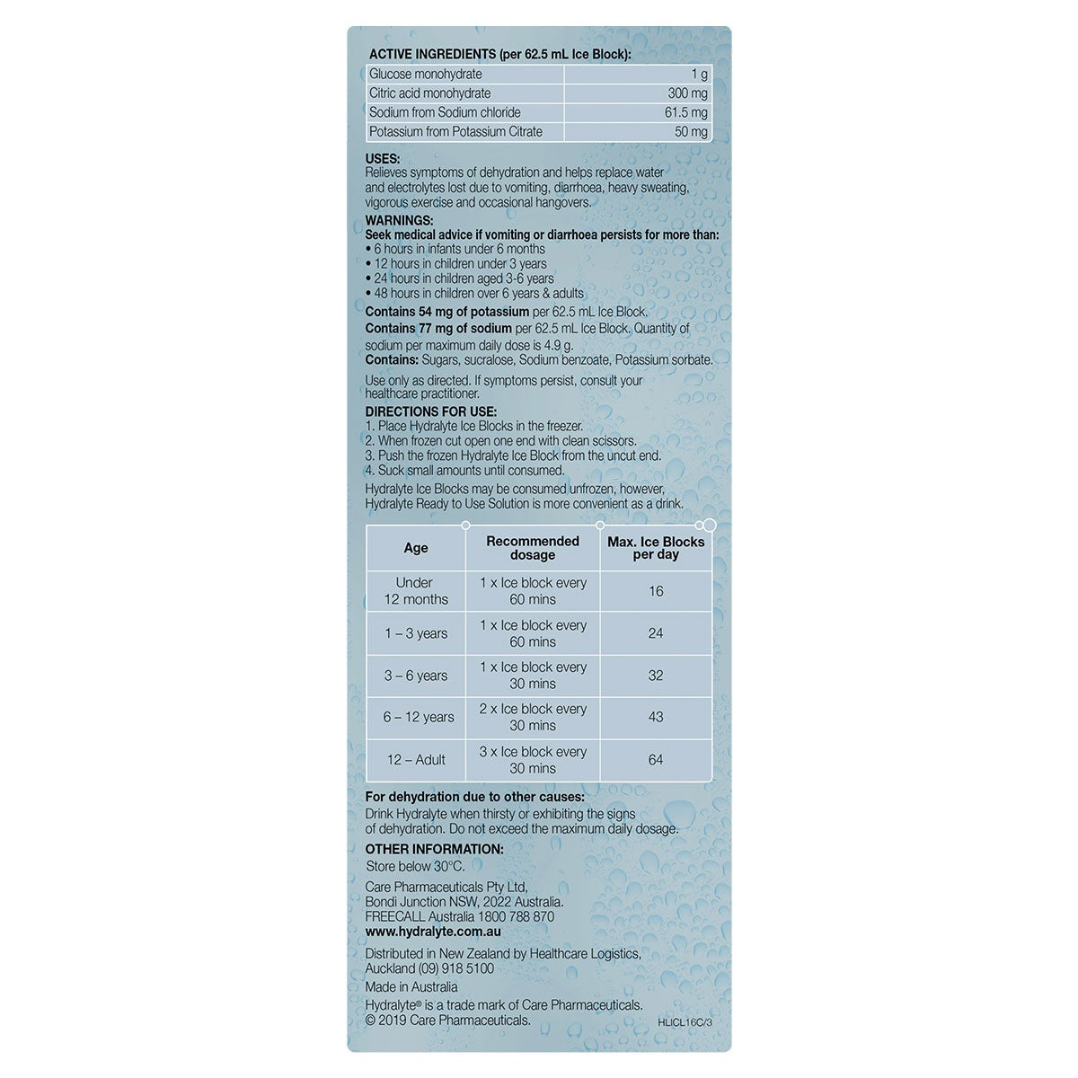 Hydralyte Rehydration Ice blocks Colour Free Lemonade Flavoured 16 Pack - Cutprice Online