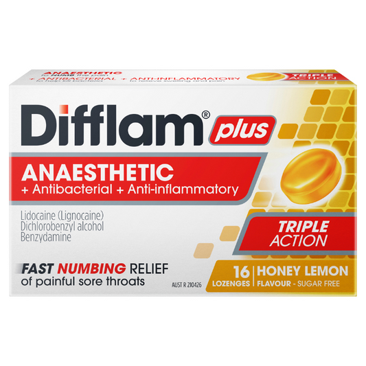 Difflam PLUS Sore Throat Lozenges Honey Lemon Sugar Free 16 Lozenges