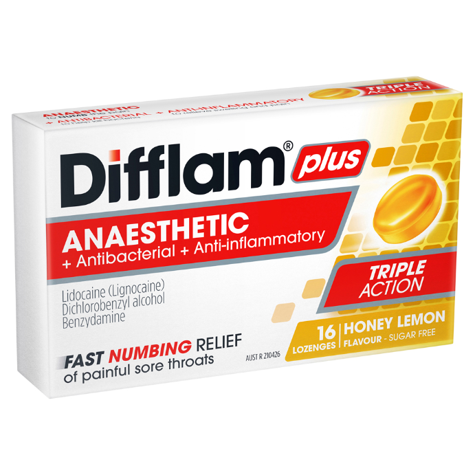 Difflam PLUS Sore Throat Lozenges Honey Lemon Sugar Free 16 Lozenges