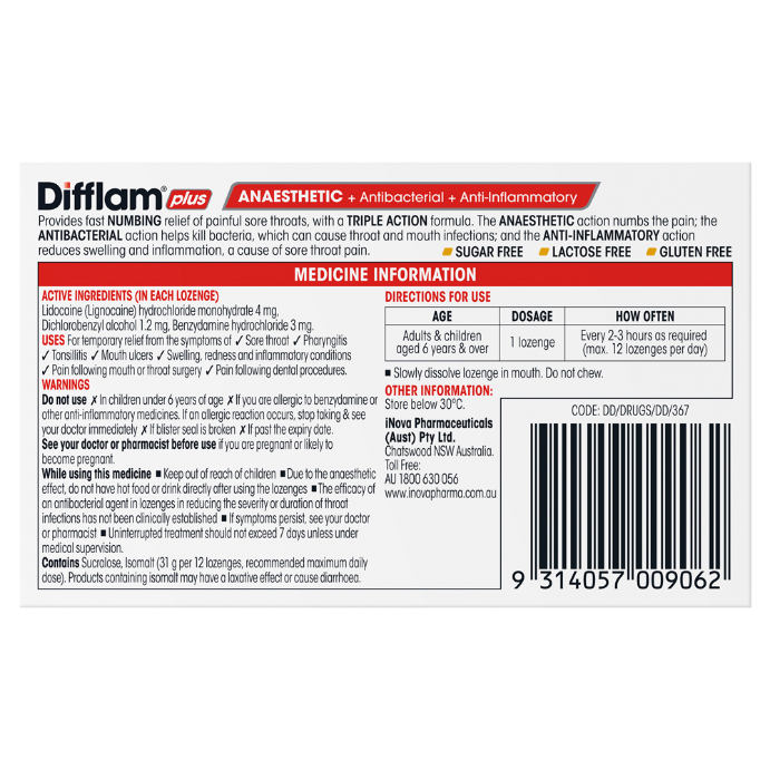Difflam PLUS Sore Throat Lozenges Honey Lemon Sugar Free 16 Lozenges