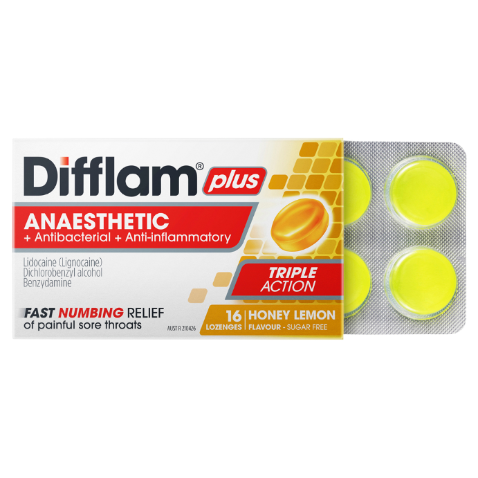 Difflam PLUS Sore Throat Lozenges Honey Lemon Sugar Free 16 Lozenges