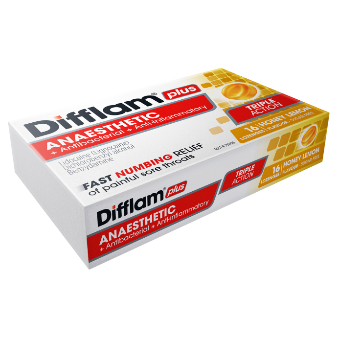 Difflam PLUS Sore Throat Lozenges Honey Lemon Sugar Free 16 Lozenges