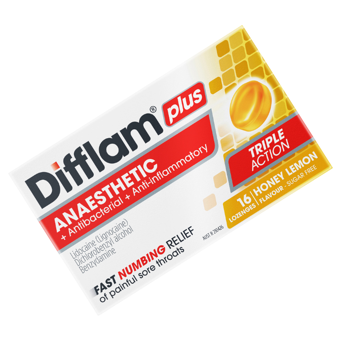 Difflam PLUS Sore Throat Lozenges Honey Lemon Sugar Free 16 Lozenges