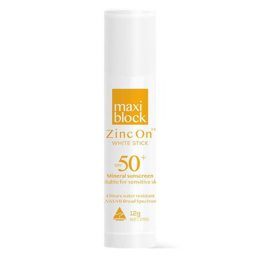 MAXIBLOCK ZINC ON SPF50+ STICK WHITE 12G - Cutprice Online
