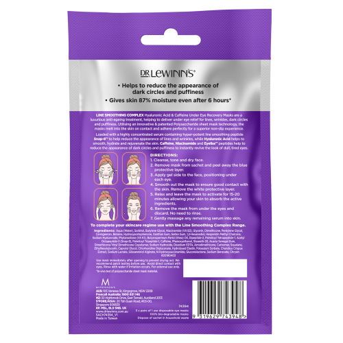 Dr. Lewinn's Line Smoothing Complex Hyaluronic Acid & Caffeine Under Eye Recovery Masks 3 Pairs