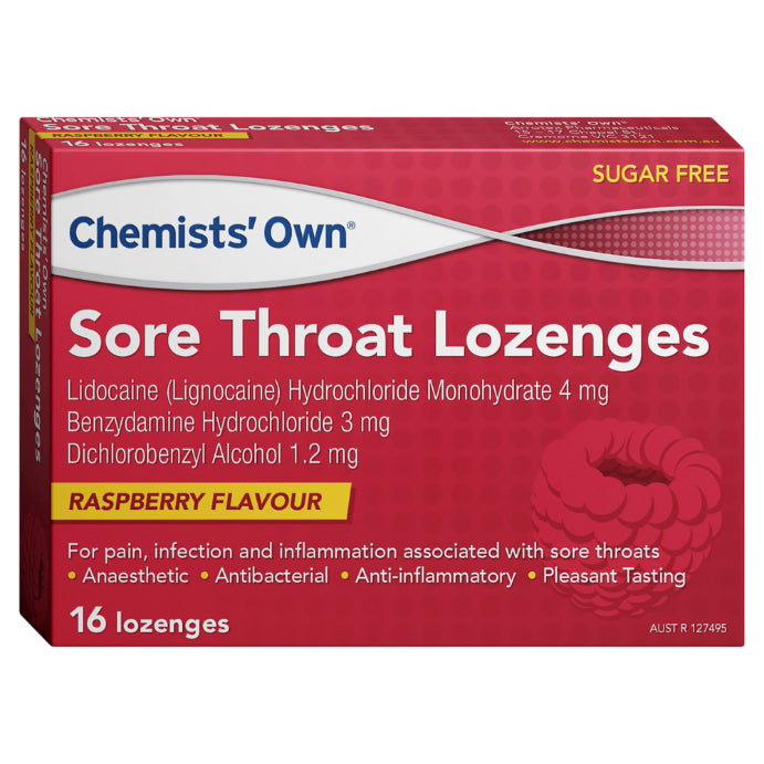 Chemists’ Own Sore Throat Raspberry 16 Lozenges - Cutprice Online