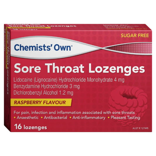 Chemists’ Own Sore Throat Raspberry 16 Lozenges - Cutprice Online