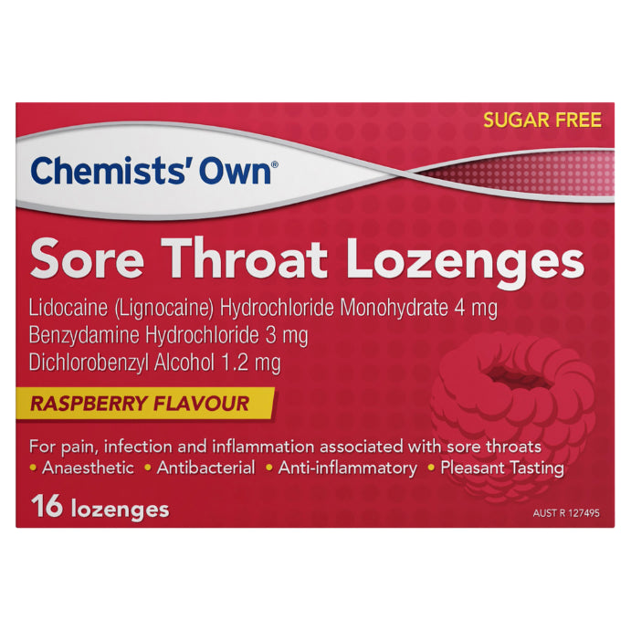 Chemists’ Own Sore Throat Raspberry 16 Lozenges - Cutprice Online