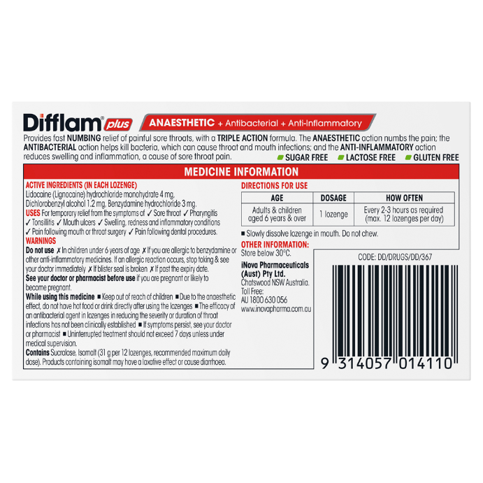 Difflam PLUS Anaesthetic Pineapple & Lime 16 Lozenges