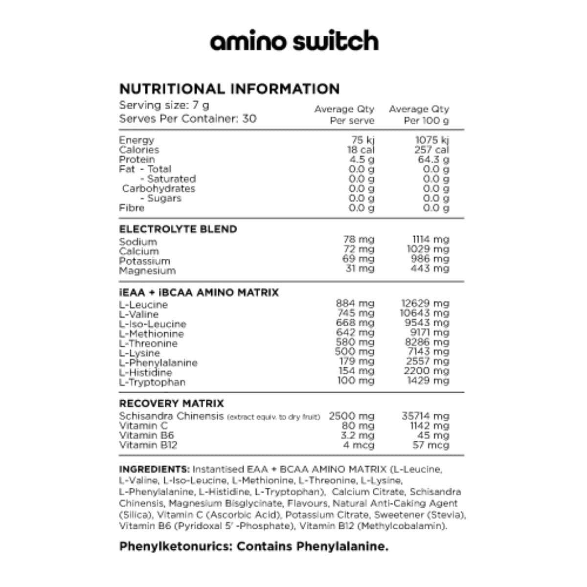 SWITCH NUTRITION Amino EAA & BCAA Electrolyte Recovery Lemonade 210g Switch Nutrition