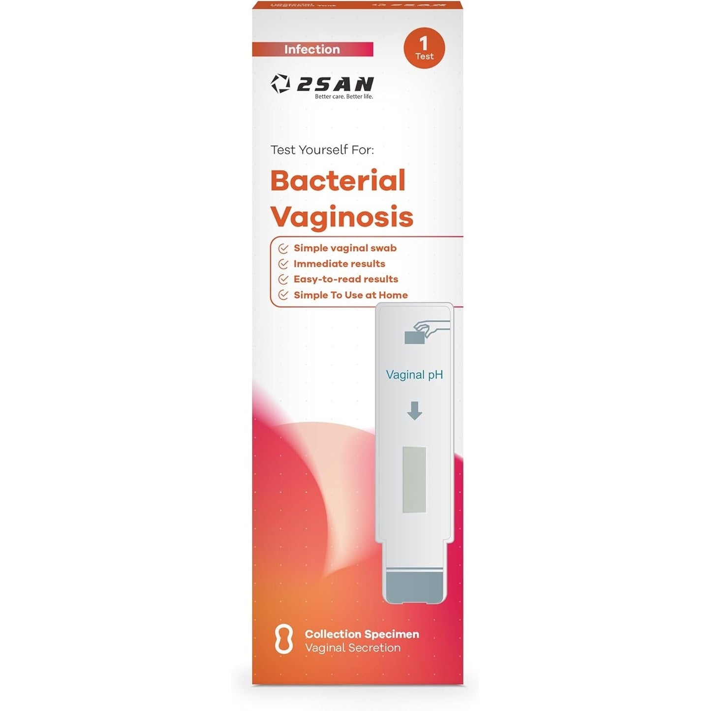 2SAN Vaginal pH Rapid Test Panel 1 Pack Vaginal Swab