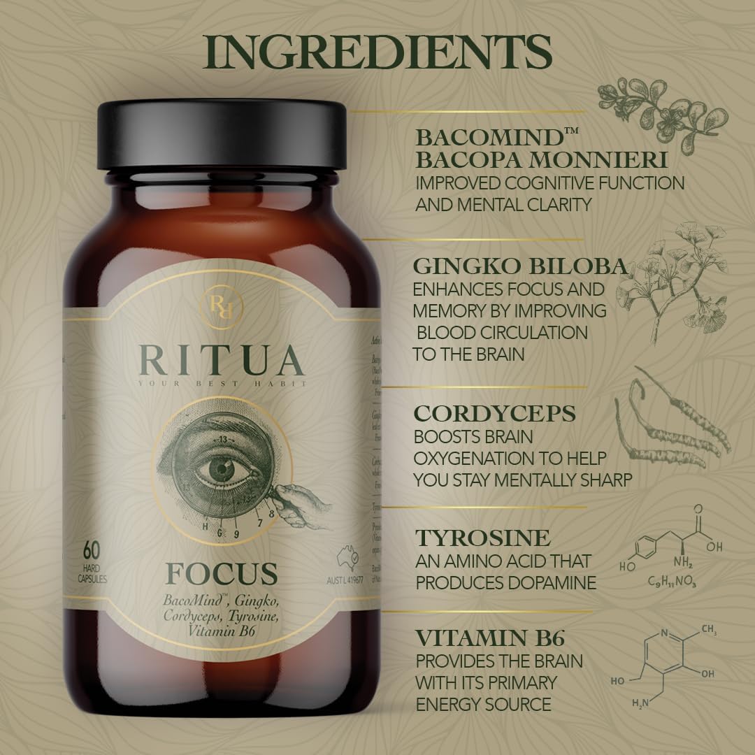 RITUA FOCUS BacoMind Ginko Cordyceps Tyrosine B6 60 Caps - Cutprice Online