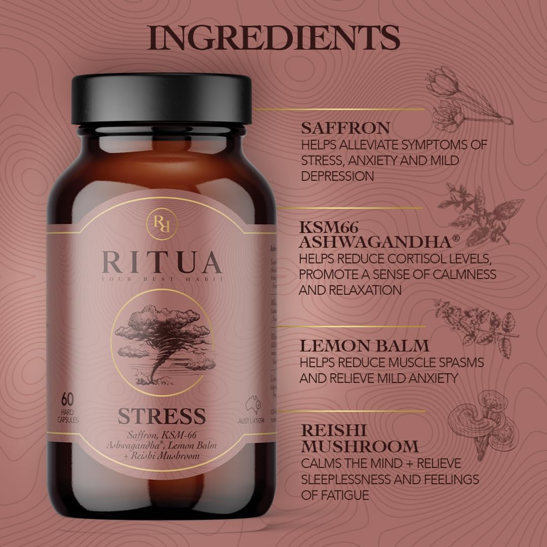 RITUA STRESS Saffron Ashwagandha LemonBalm Reishi 60 Caps - Cutprice Online