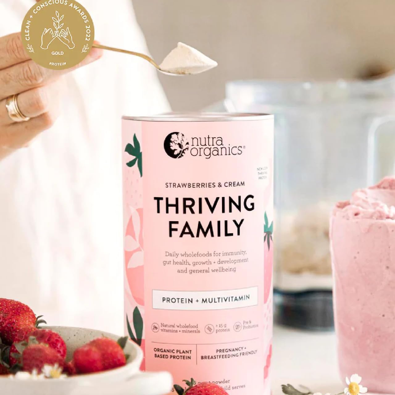 Nutra Organics Organic Thriving Family Protein (Protein + Multivitamin) Strawberries & Cream 450g - Cutprice Online