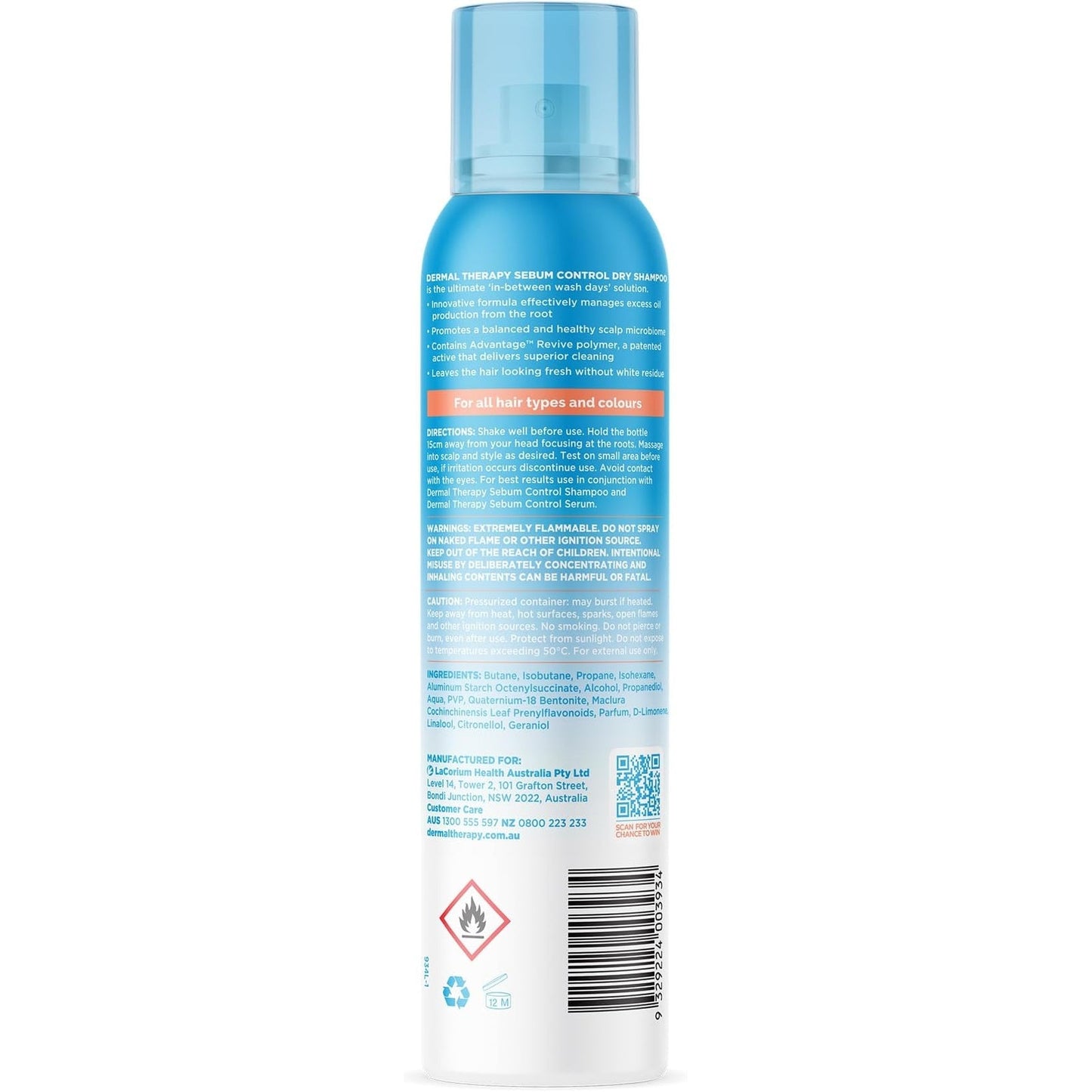 Dermal Therapy Sebum Control Dry Shampoo for Refreshing Oily Hair | Provides Long-Lasting Clean Feel | No Visible Residue| 120g