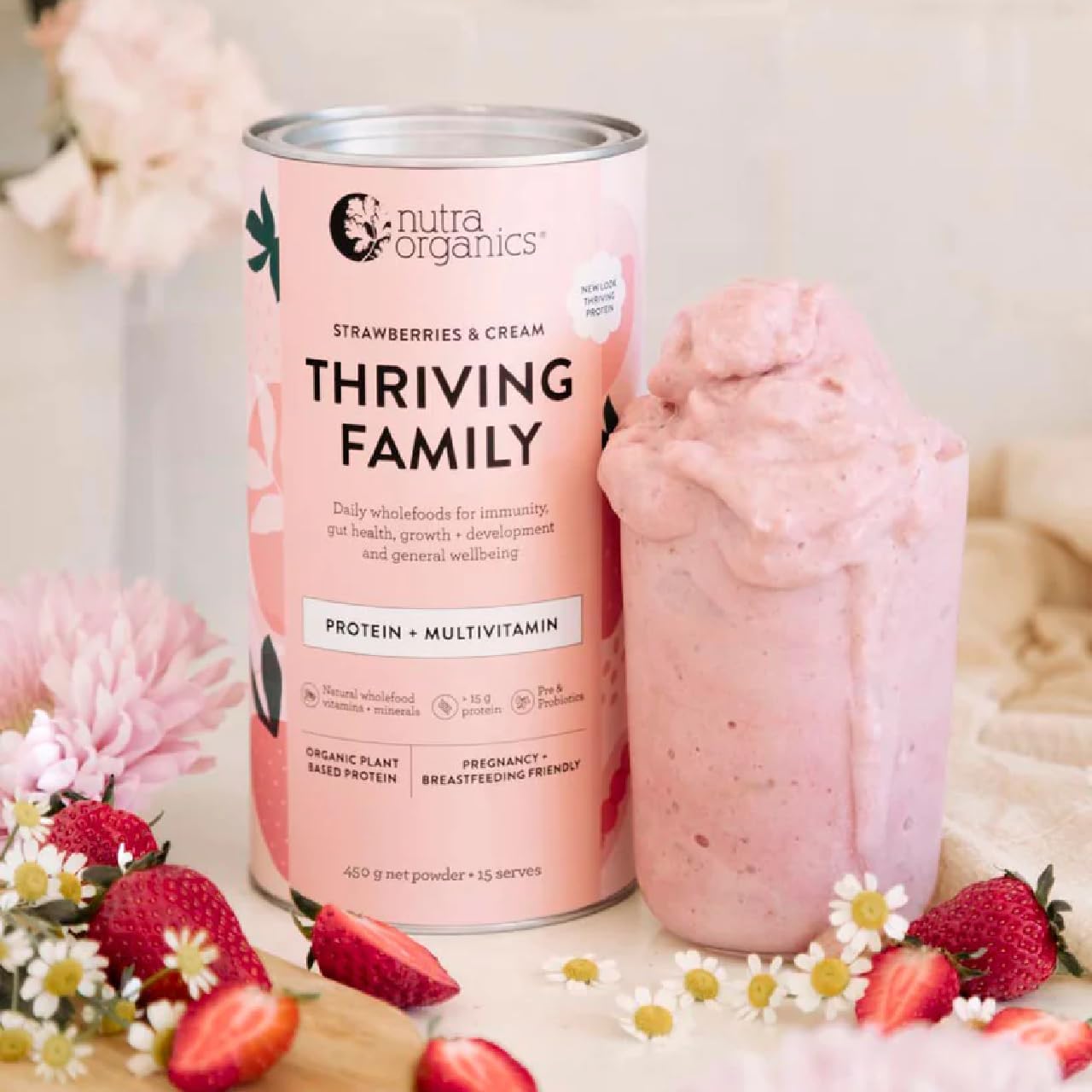 Nutra Organics Organic Thriving Family Protein (Protein + Multivitamin) Strawberries & Cream 450g - Cutprice Online