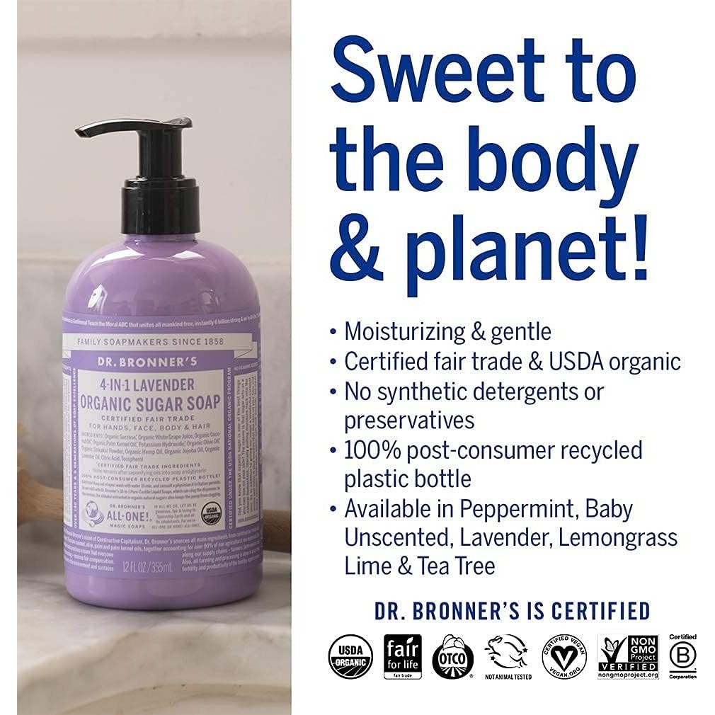 Dr. Bronner's Organic Sugar Soap  4-in-1 Lavender (pump) 355ml - Cutprice Online
