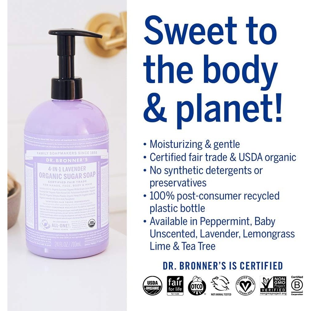 Dr. Bronner's Organic Sugar Soap 4-in-1 Lavender (pump) 710ml - Cutprice Online