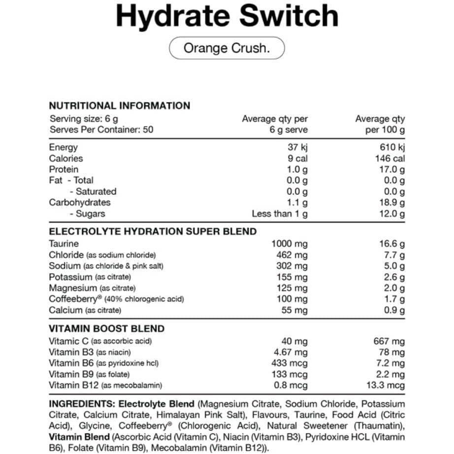 Switch Nutrition Hydrate Everyday Sugar Free Electrolytes Orange Crush 300g