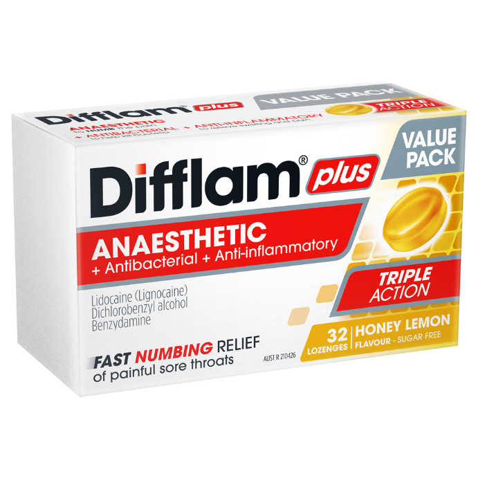 Difflam Plus Anaesthetic Sore Throat Lozenges Honey & Lemon 32PK