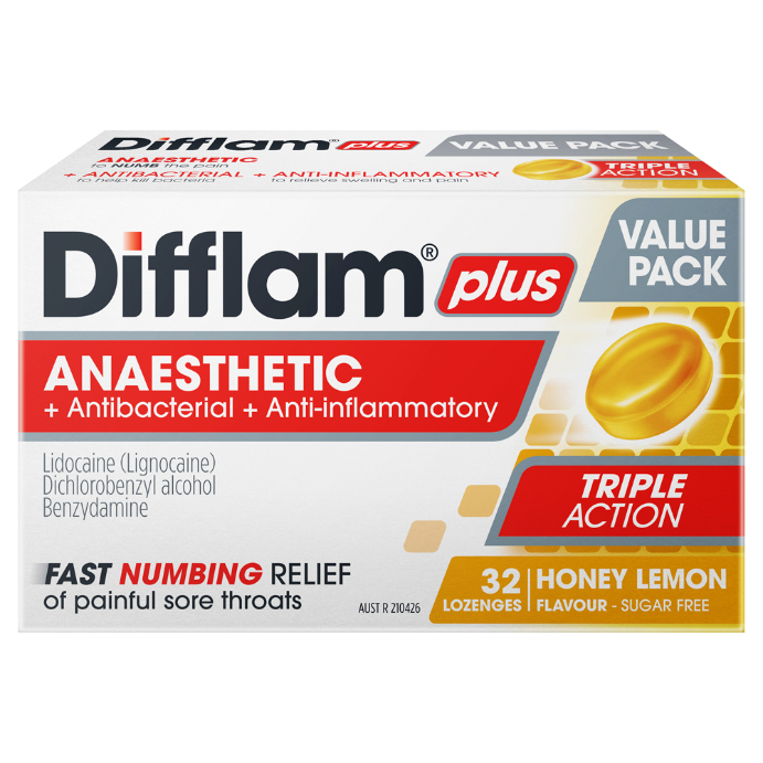Difflam Plus Anaesthetic Sore Throat Lozenges Honey & Lemon 32PK