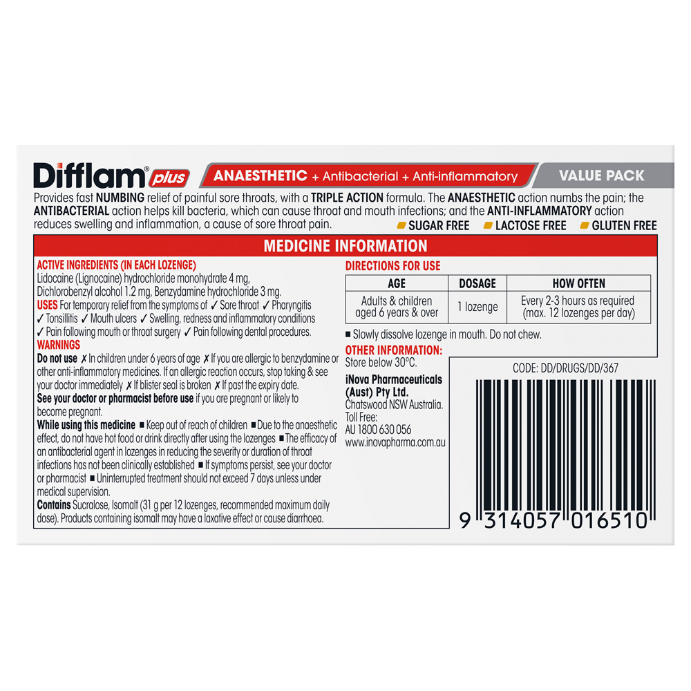 Difflam Plus Anaesthetic Sore Throat Lozenges Honey & Lemon 32PK