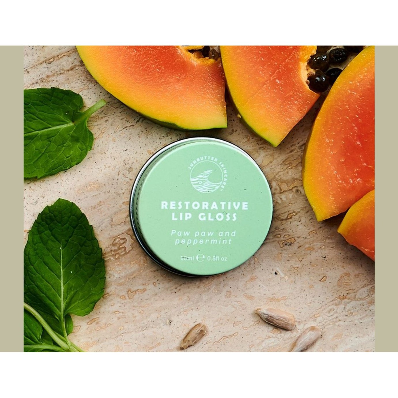 SunButter Skincare Lip Gloss Restorative Paw Paw and Peppermint 15ml - Cutprice Online