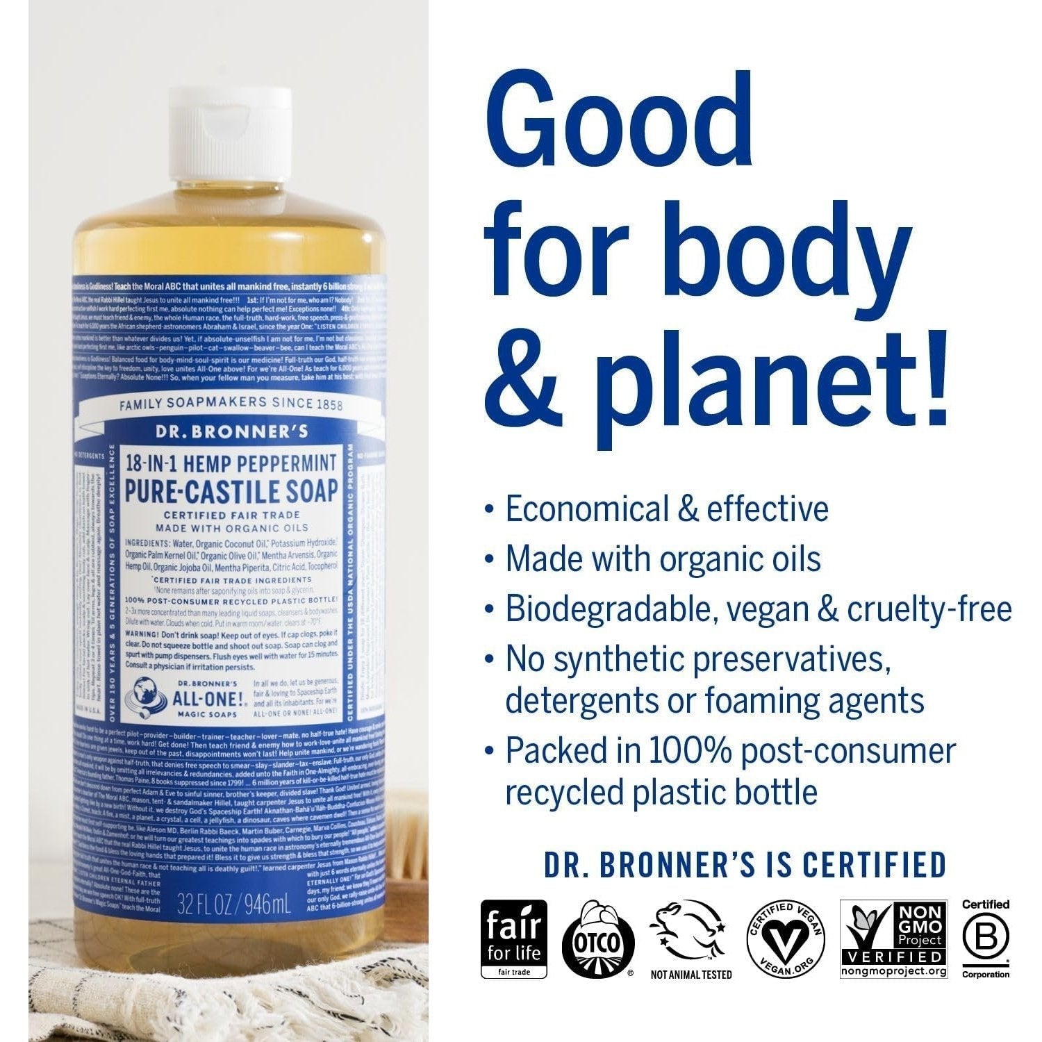Dr. Bronner's Pure-Castile Soap Liquid (Hemp 18-in-1) Peppermint 946ml - Cutprice Online