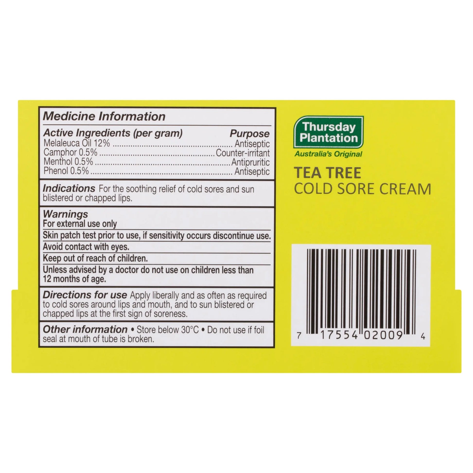 Thursday Plantation Tea Tree Cold Sore Cream 10g THURSDAY PLANTATION