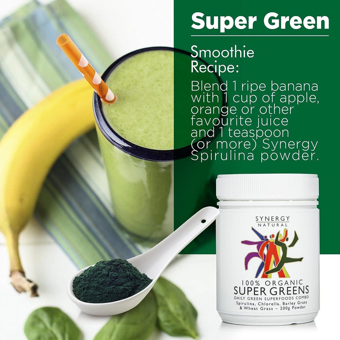 Synergy Natural Organic Super Greens (Spirulina, Chlorella, Barley Grass & Wheat Grass) Powder 100g - Cutprice Online