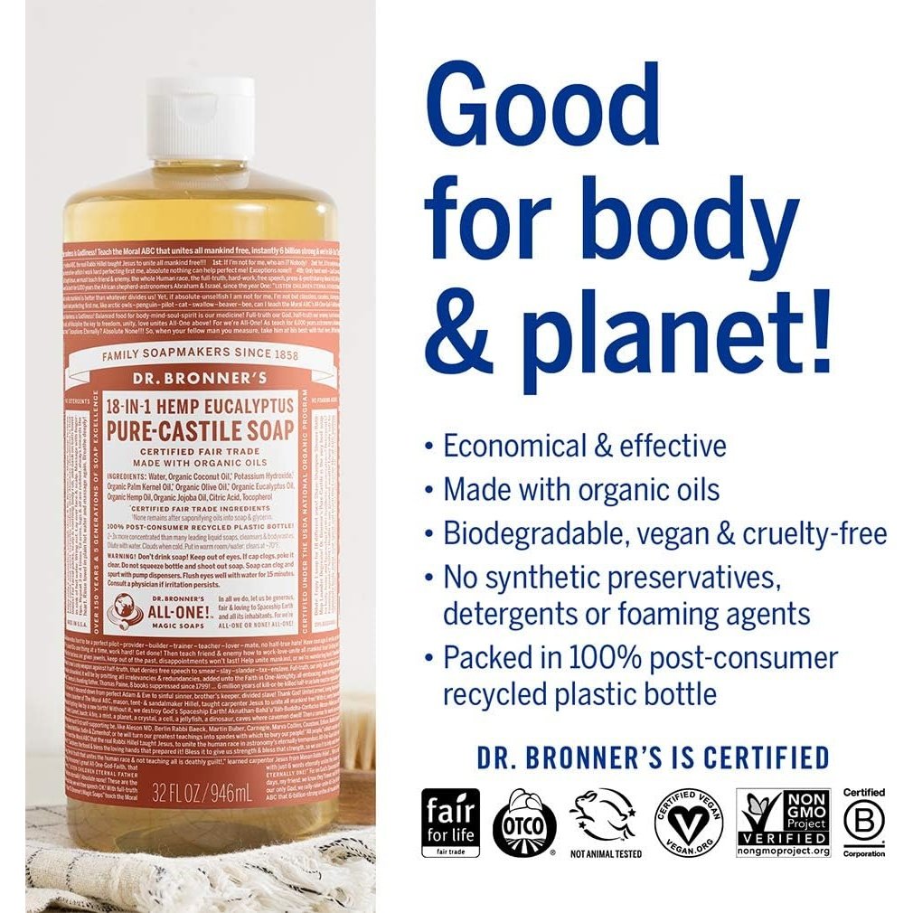 Dr. Bronner's Pure-Castile Soap Liquid (Hemp 18-in-1) Eucalyptus 473ml - Cutprice Online