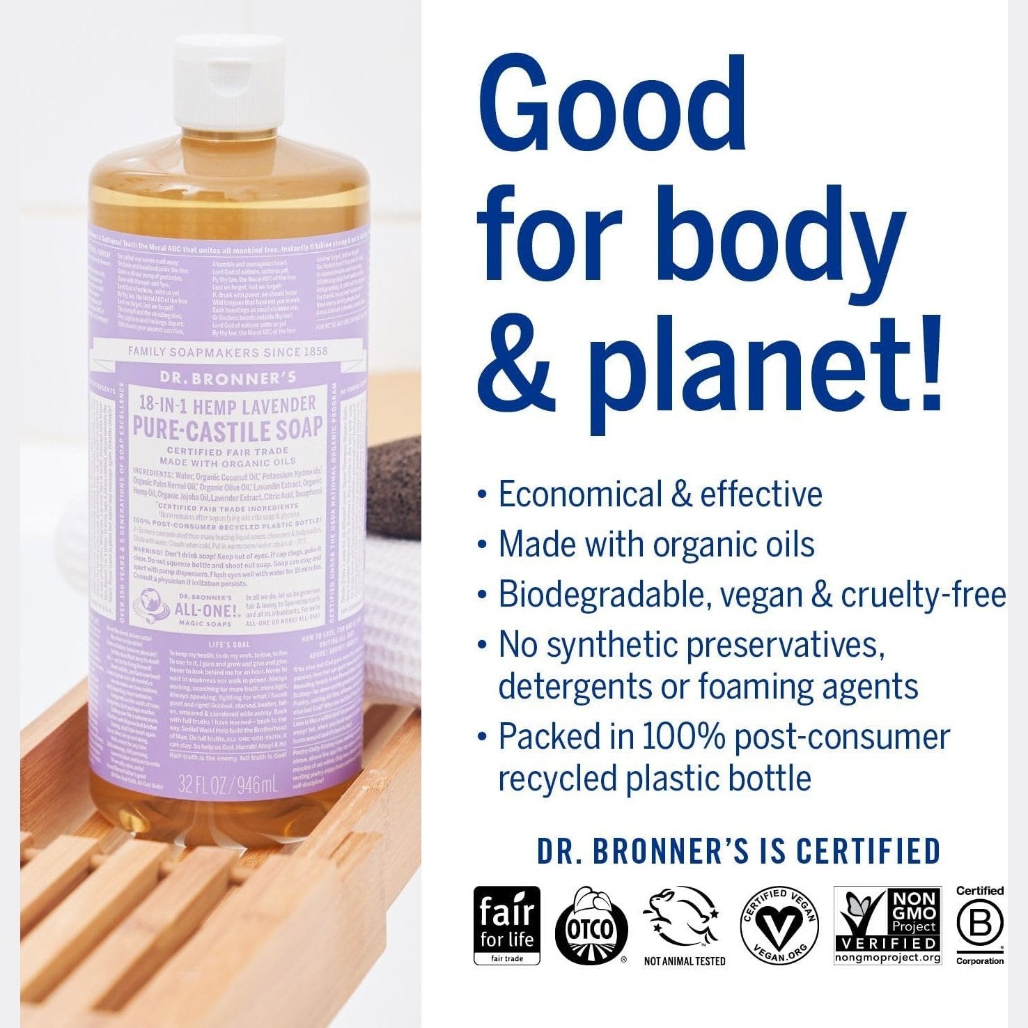 Dr. Bronner's Pure-Castile Soap Liquid (Hemp 18-in-1) Lavender 946ml - Cutprice Online