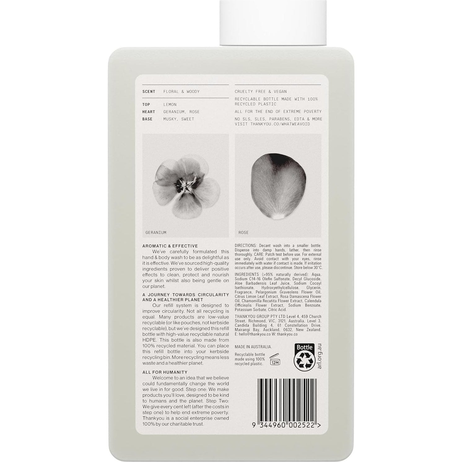 Thankyou Hand & Body Wash Botanical Geranium Rose & Wood Refill 1L