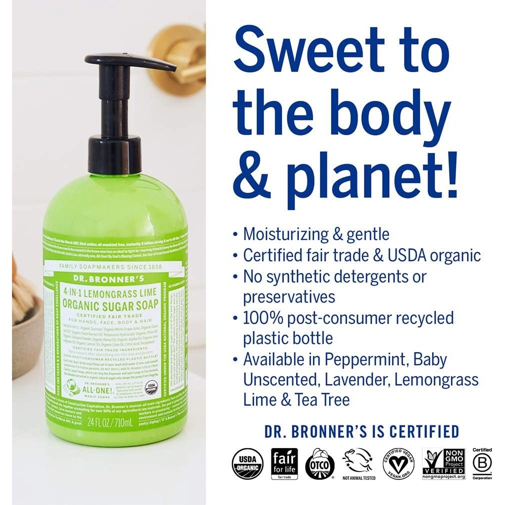 Dr. Bronner's Organic Sugar Soap 4-in-1 Lemongrass Lime (pump) 710ml - Cutprice Online