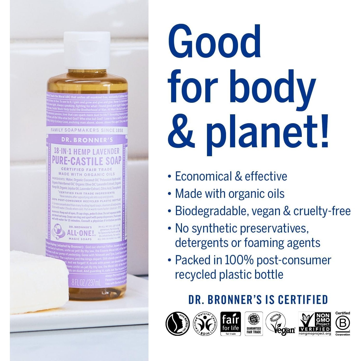 Dr. Bronner's Pure-Castile Soap Liquid (Hemp 18-in-1) Lavender 237ml - Cutprice Online