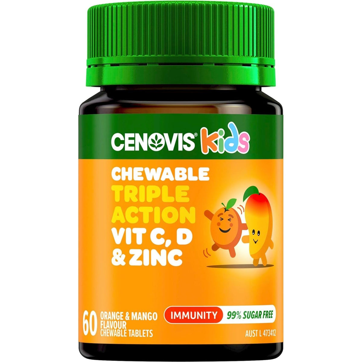 Cenovis Kids Chewable Triple Action Vit C, D & Zinc Orange & Mango Flavour 60 Tablets