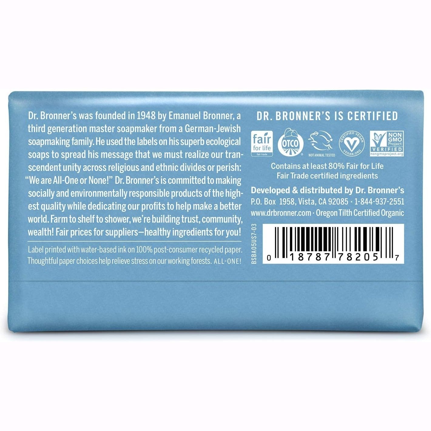 Dr. Bronner's Pure-Castile Bar Soap (Hemp All-One) Unscented (Baby) 140g - Cutprice Online