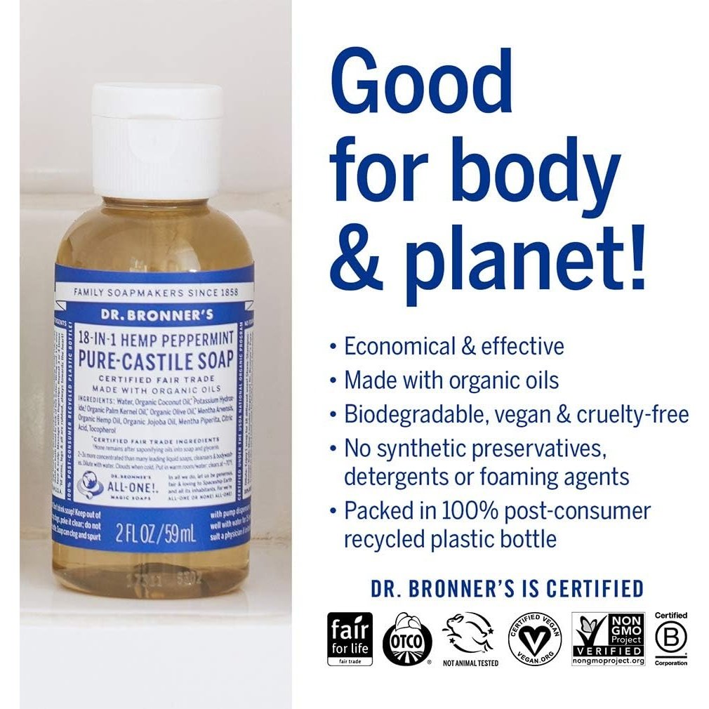 Dr. Bronner's Pure-Castile Soap Liquid (Hemp 18-in-1) Peppermint 59ml - Cutprice Online