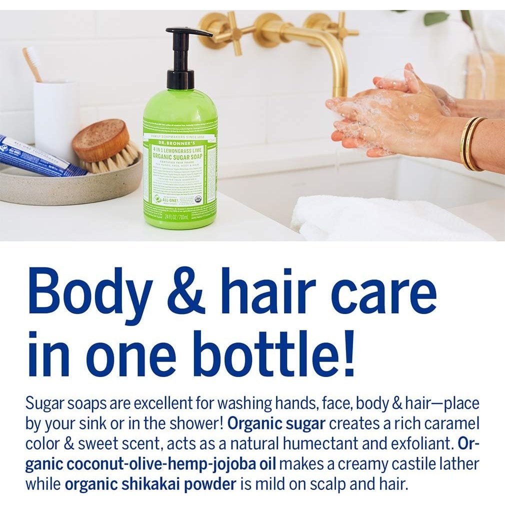 Dr. Bronner's Organic Sugar Soap 4-in-1 Lemongrass Lime (pump) 710ml - Cutprice Online