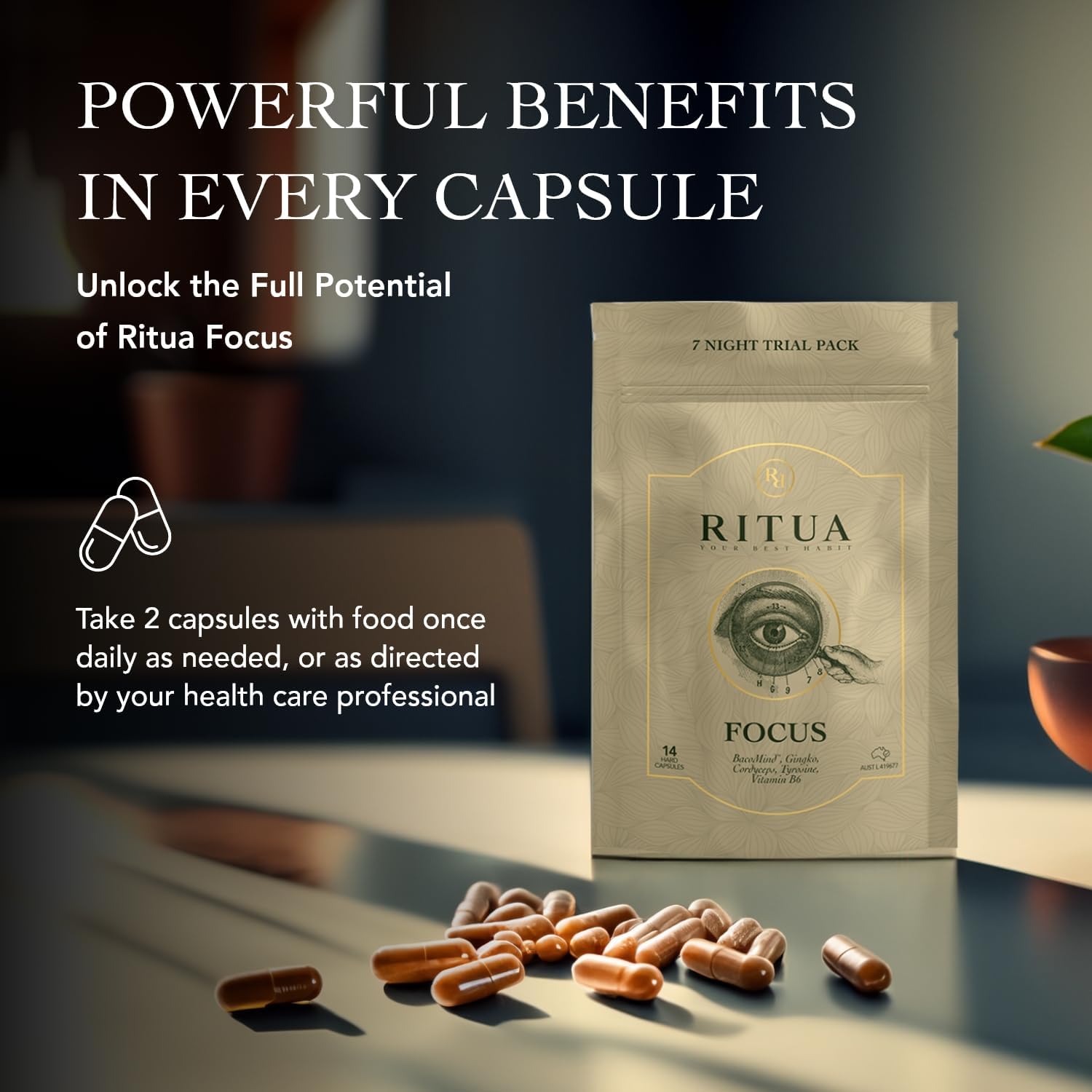 Ritua Focus 7 Day Bacomind Ginko Cordyceps Tyrosine B6 14 Caps - Cutprice Online