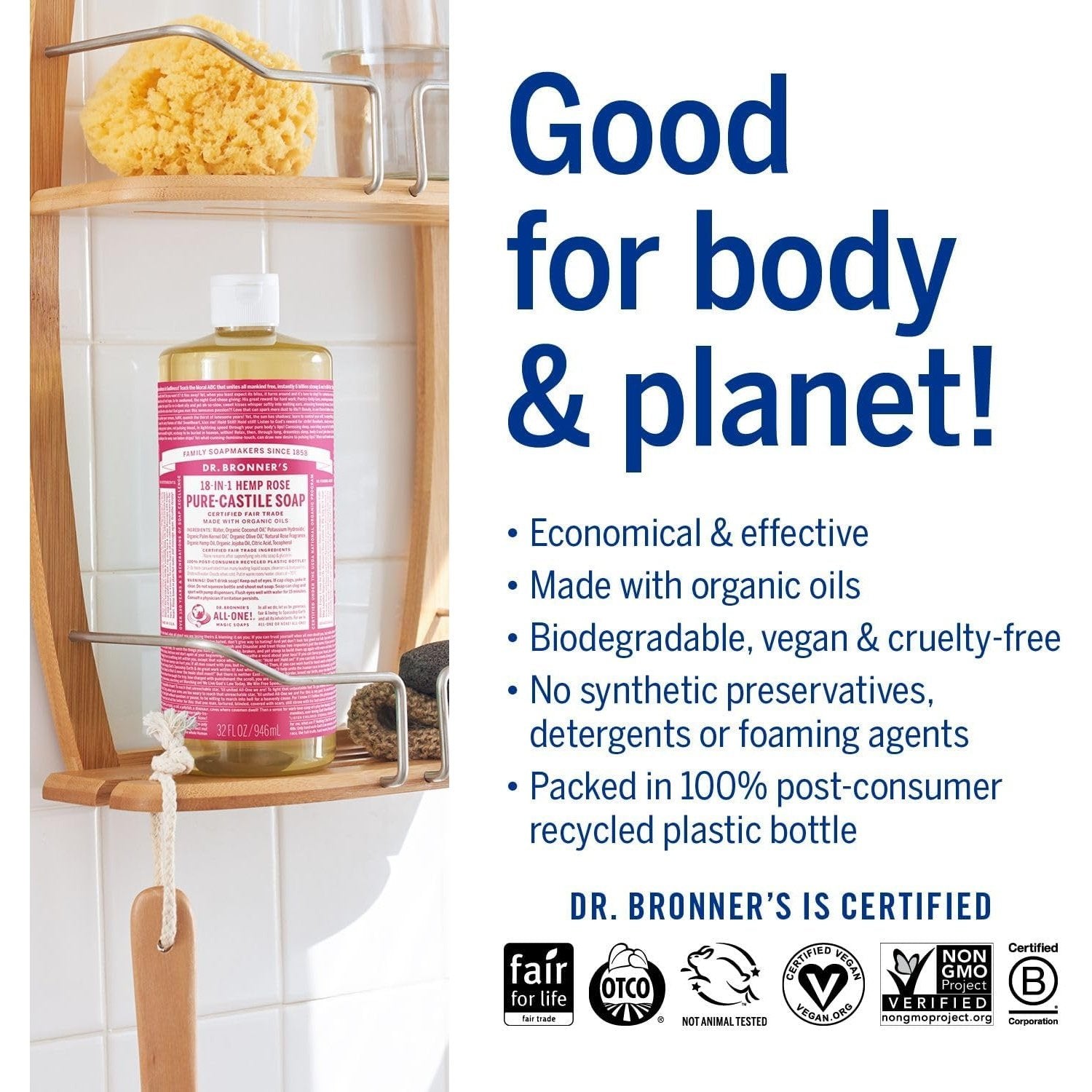 Dr. Bronner's Pure-Castile Soap Liquid (Hemp 18-in-1) Rose 946ml - Cutprice Online