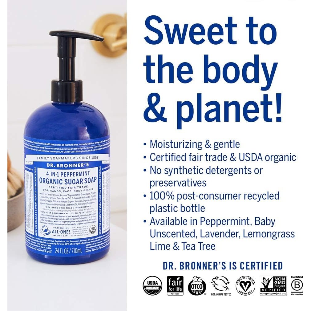 Dr. Bronner's Organic Sugar Soap 4-in-1 Peppermint (pump) 710ml - Cutprice Online