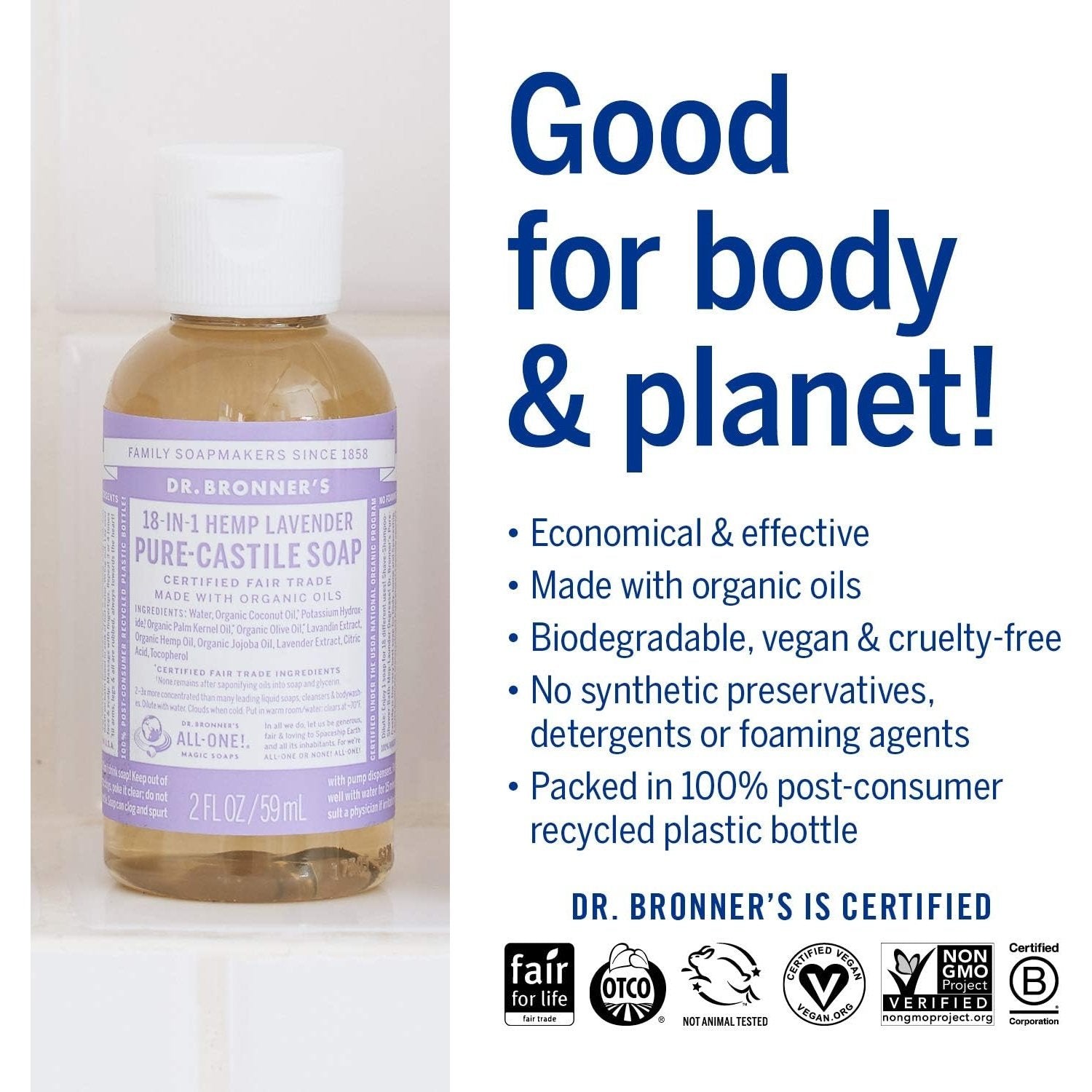 Dr. Bronner's Pure-Castile Soap Liquid (Hemp 18-in-1) Lavender 59ml - Cutprice Online