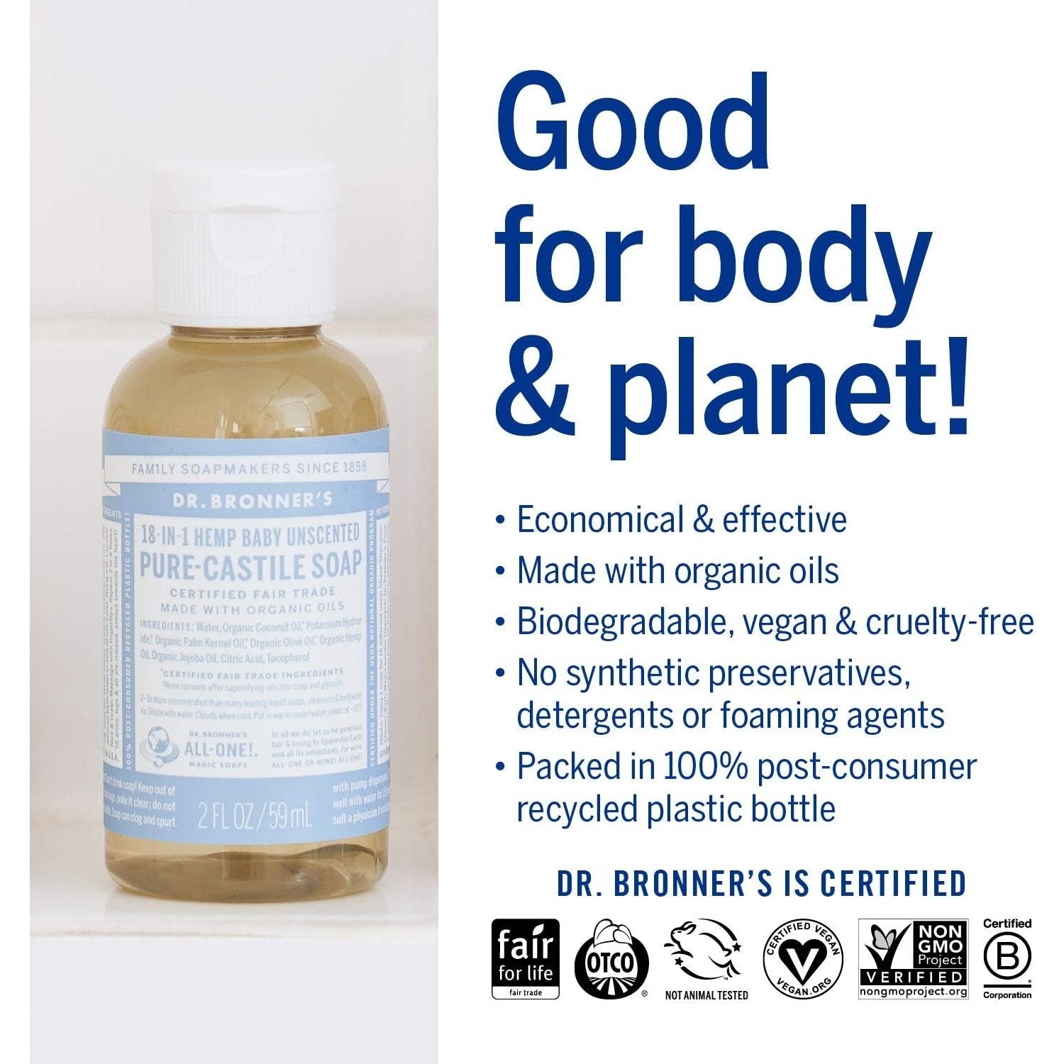 Dr. Bronner's Pure-Castile Soap Liquid (Hemp 18-in-1) Unscented (Baby) 59ml - Cutprice Online
