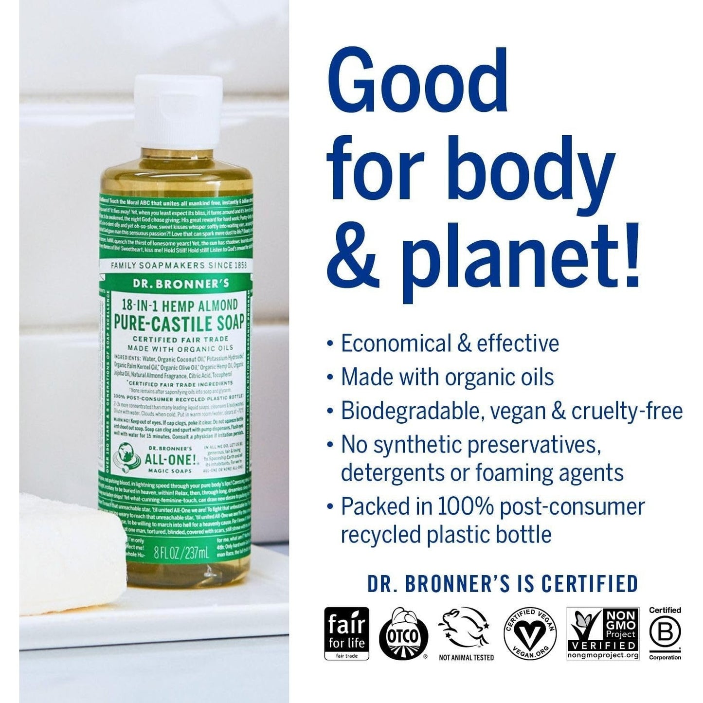 Dr. Bronner's Pure-Castile Soap Liquid (Hemp 18-in-1) Almond 237ml - Cutprice Online