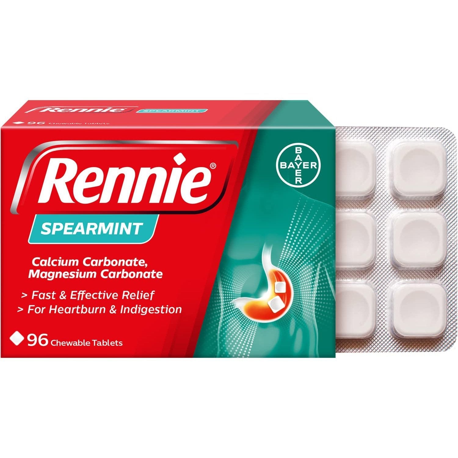 Rennie Indigestion and Heartburn Relief Spearmint 96 Chewable Tablets - Cutprice Online
