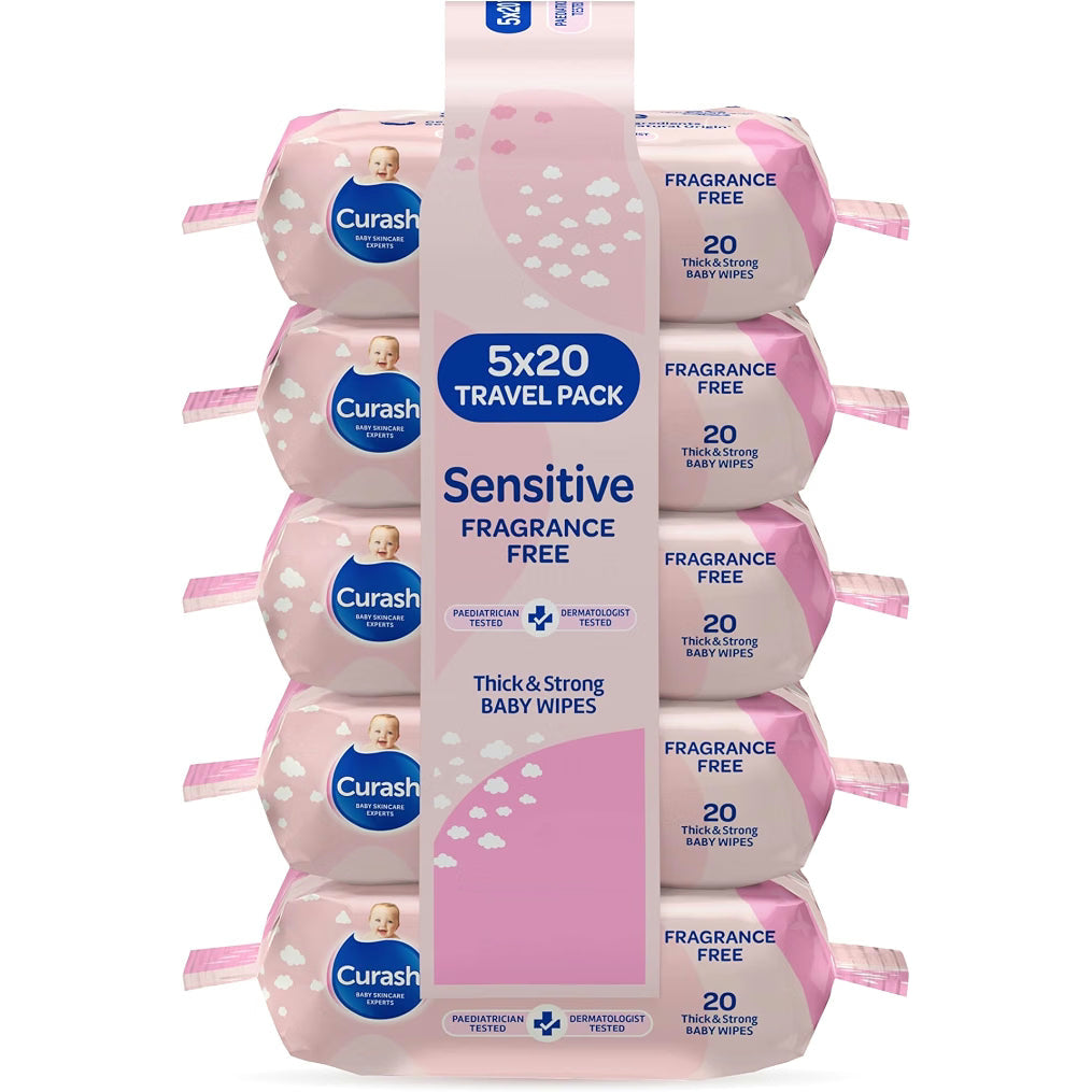 Curash Baby Sensitive Fragrance Free Travel Wipes 20 Pack x 5 Pack